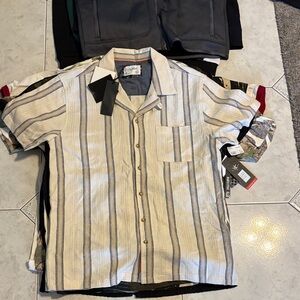 Men's Beige and Blue Striped Dress Shirt